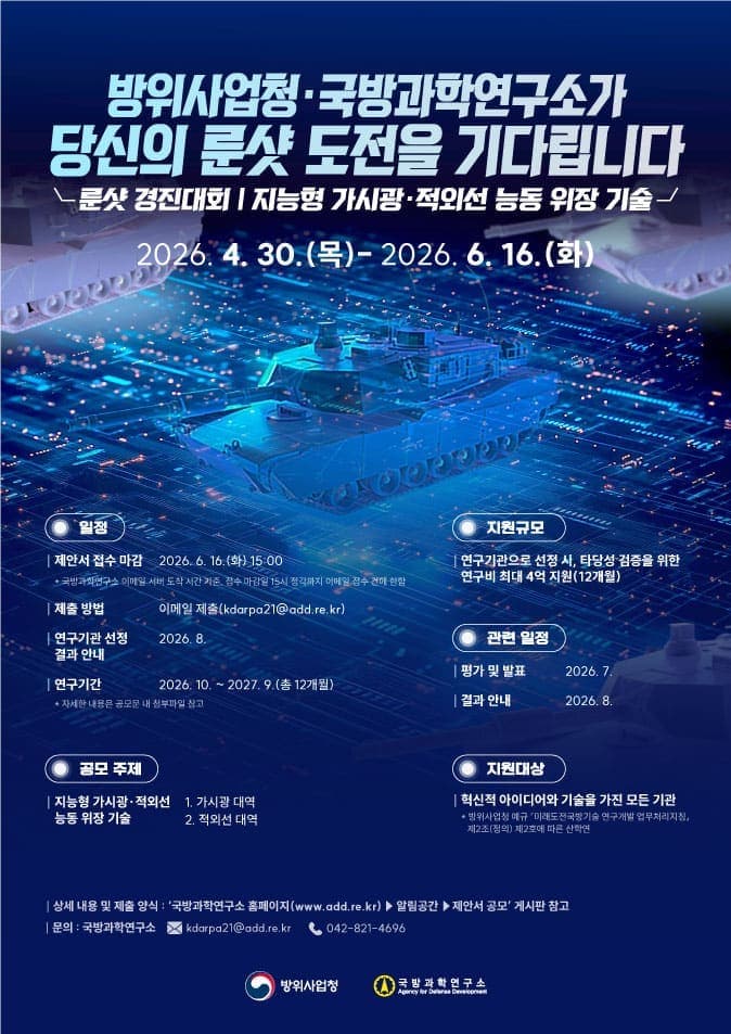 룬샷 경진대회(지능형 가시광·적외선 능동 위장 기술) 난제 해결방안 제안서 공모 공고 이미지
